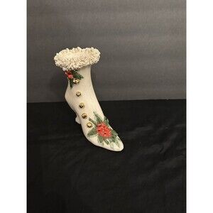 VTG  Christmas Ceramic Fancy Antique Shoe with Holly & Sugar Coated Edge Deco.